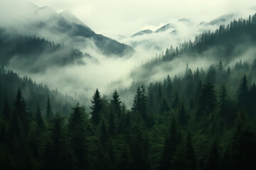 Misty morning in the mountains surrounded by pine trees. - obrazy, fototapety, plakaty