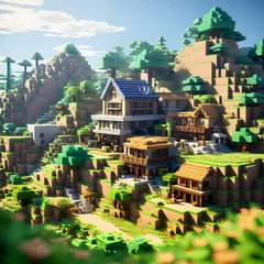Blocky cubes inspired village. Blocky texture world. Generative AI.