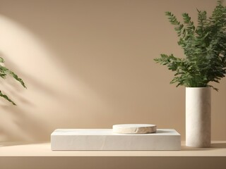 Elegant beige podium on decorated table with plants in vase on beige background. Beige background for product presentation. 