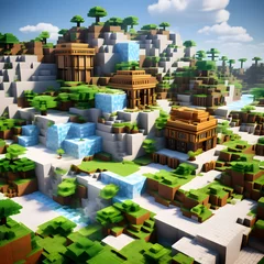 Blocky cubes inspired village. Voxel surface texture world. Generative AI.