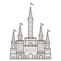Medieval fairy-tale castle with towers in romanticism style, medieval cartoon citadel, vector