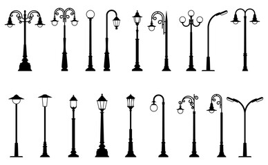 Vintage street light posts set, old street lamp posts, sidewalk lantern, vector - obrazy, fototapety, plakaty
