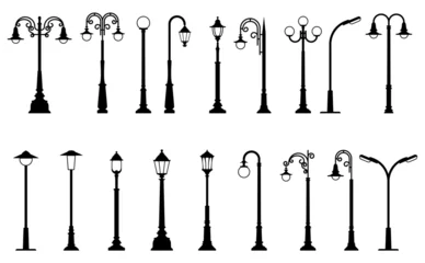 Poster Vintage street light posts set, old street lamp posts, sidewalk lantern, vector © gomixer