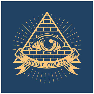 Conspiracy pyramid with all-seeing eye, freemason sign in tarot style, illuminati symbol, vector