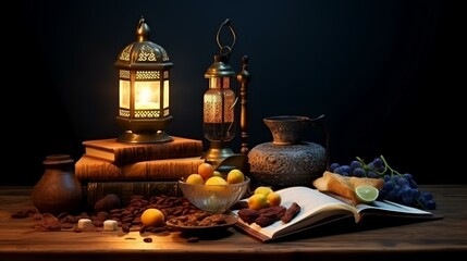 Fototapeta na wymiar Ramadan Kareem greeting card. Ramadan lantern, dates, kerosene lamp, and books on wooden table