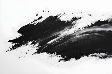 An abstract black splash paint with brush strokes and grunge on a white background, in Japanese style. Suitable for art and design projects, modern and minimalist aesthetics.
