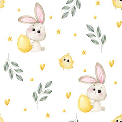 Seamless pattern with easter bunny and chicken without background. Watercolor illustration for decoration and design of fabrics, textiles, souvenirs 