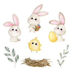 Hand-drawn watercolor illustration with easter bunnies, chicken and leaves. A set for decorating and designing souvenirs, posters, postcards, prints.