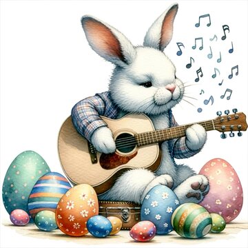 An illustration of an Easter Bunny playing a guitar with Easter eggs around, rendered in watercolor style.