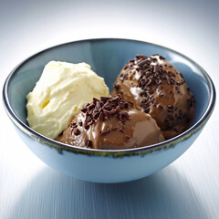 Trio of tasty chocolate vanilla dessert in a blue bowl, ai technology