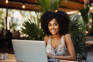 Generative AI technology picture of chilling nomad person sitting near seaside beach pool cafeteria working remotely with laptop