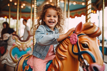 A Child girl enjoy ride carousel horse in amusement park on holiday - obrazy, fototapety, plakaty
