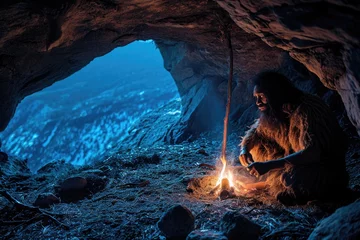 Foto op Plexiglas Chronicles of prehistoric life: primitive man, delving into the mysteries of early human existence, tools, culture, and survival in the ancient epochs of our evolutionary past © Alla