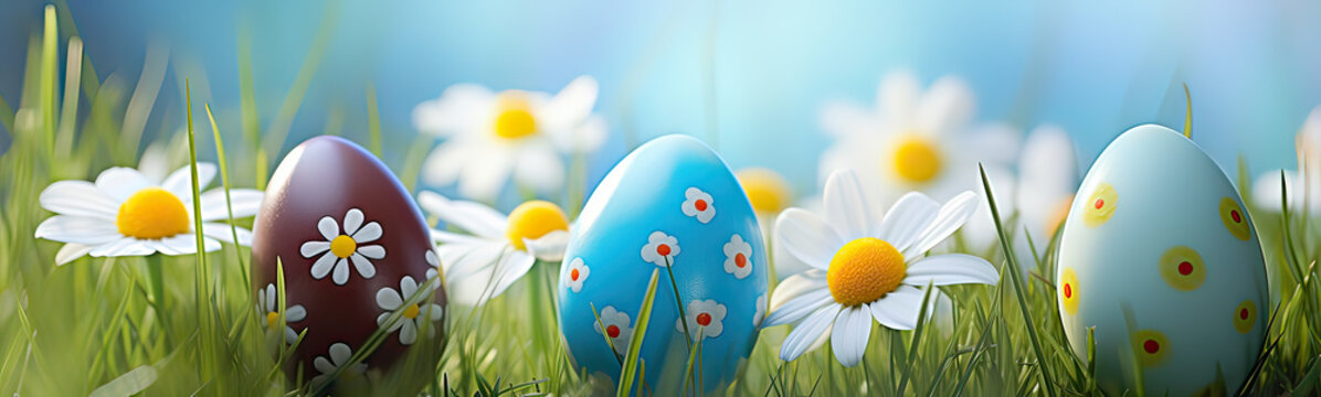 Happy easter day banner, Easter eggs in a meadow with blurred background