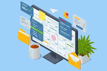 Isometric Business Project Management System. Project manager updating tasks and milestones progress planning. Digital Calendar Schedule.