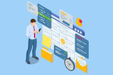 Isometric Business Project Management System. Project manager updating tasks and milestones progress planning. Digital Calendar Schedule.