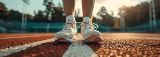 Male athlete's feet in running shoes on stadium starting line, poised for track and field event, capturing essence of sports dedication and marathon preparation, runner and health concept
 - obrazy, fototapety, plakaty