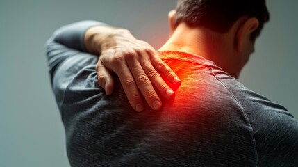 Man suffering from shoulder pain. Joint problems and arthritis. Health and medical concept. - obrazy, fototapety, plakaty