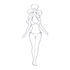 St. Patricks Day. Beautiful female leprechaun wearing hat and swimsuit. Young attractive woman in bikini. Sketch style outline. Young woman as elf character for advertising.