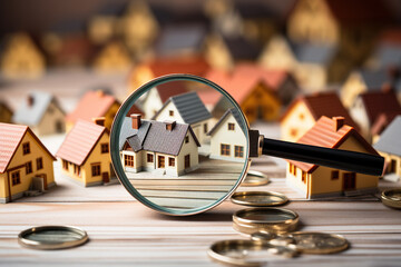 Small house under a magnifying glass. The concept of searching for housing and apartments. Generated by artificial intelligence