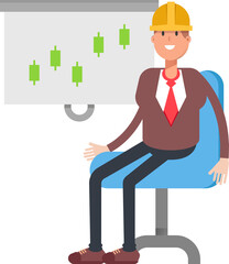 Engineer Character Presenting Candlestick Chart
