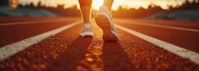 Male athlete's feet in running shoes on stadium starting line, poised for track and field event,...