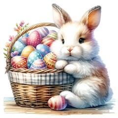 Fototapeta na wymiar An illustration of an Easter Bunny in a basket filled with eggs, rendered in watercolor style.