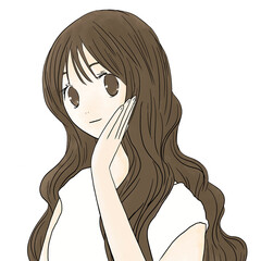 頬に手を当てて微笑む女性