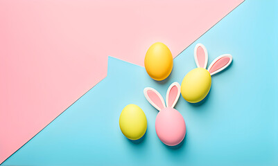 Pink and yellow Easter background with eggs and bunny ears in pastel colors. Copy space. Flat lay background for Easter.