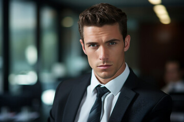 Fototapeta premium Generative AI picture of handsome successful man working in office on business meeting conference