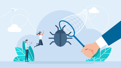A team of programmers catches a bug in a butterfly net. IT software application testing, quality assurance, QA team and bug fixing concept. Flat design. People catching bugs. Vector illustration - obrazy, fototapety, plakaty