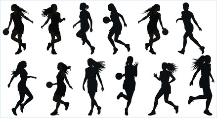 Basketball Player and Running Woman Silhouettes on White., Basketball player