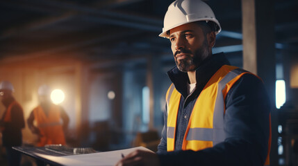 Architect man working with colleagues of mixed race in the construction site. Architecture engineering at the workplace. engineer architect wearing safety helmet meeting at construction site. worker.
