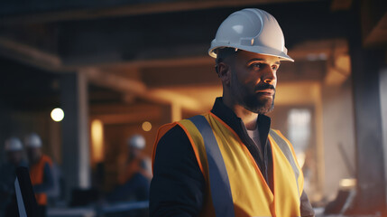 Architect man working with colleagues of mixed race in the construction site. Architecture engineering at the workplace. engineer architect wearing safety helmet meeting at construction site. worker.
