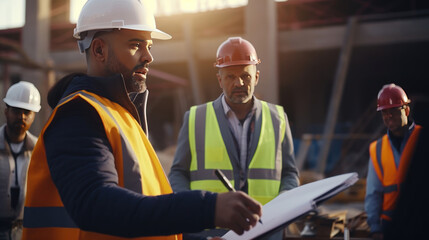 Architect man working with colleagues of mixed race in the construction site. Architecture engineering at the workplace. engineer architect wearing safety helmet meeting at construction site. worker.