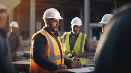 Architect man working with colleagues of mixed race in the construction site. Architecture engineering at the workplace. engineer architect wearing safety helmet meeting at construction site. worker. - obrazy, fototapety, plakaty