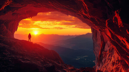 Beautiful sunset through the old cave. Man is standing and looking