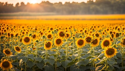 Obraz premium Sunflowers at a vibrant beautiful sunset. Sunflower field - beauty of nature