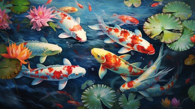 Colorful painting of Koi fish in a pond filled with lotus flowers and lily pads