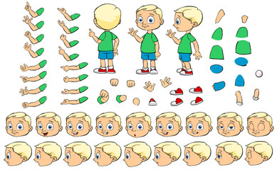 Set of elements for creating a boy character animation. boy with different emotions, gestures and poses, All sides, Arms, legs and other body parts construction. Cartoon vector collection