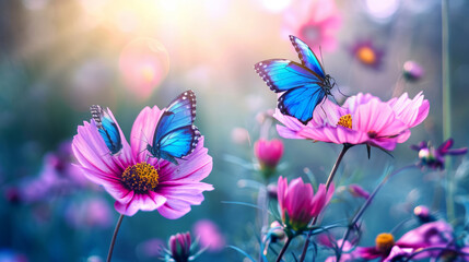 Blue butterflies flutter over magenta. Flowers in spring season. Nature outdoors