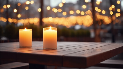 Lit up candle at an outdoor table of a restaurant in winter, cosy atmosphere, selective focus, bokeh.