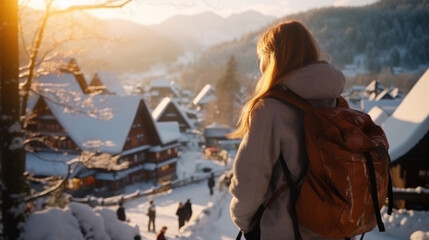 Young woman traveler looking at the beautiful UNESCO heritage village in the snow in winter at...