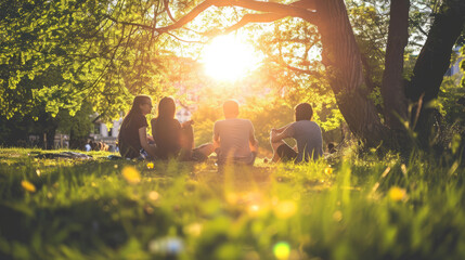 Friends are sitting on grass, chilling and enjoying spring outdoors