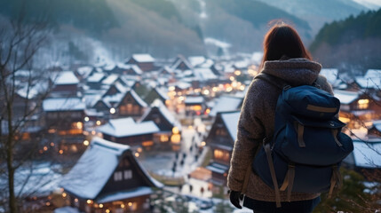Young woman traveler looking at the beautiful UNESCO heritage village in the snow in winter at Shirakawa-go, Japan in twilight time.