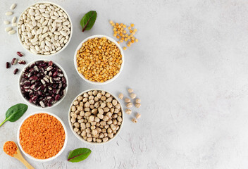 Various legumes. Red and white beans, lentils, peas and chickpeas in bowls on a gray table. Top view. Copy space. Vegetarian food