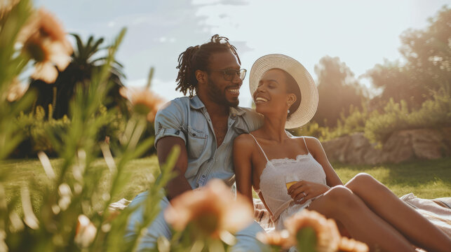 Happy diverse couple relaxing on blanket, having picnic in sunny garden