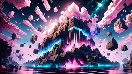 Exploding Minecraft colorful cubes. Minecraft colorful blocks. Minecraft textures and cubes. Explosive cubes. Minecraft world. Generative AI - obrazy, fototapety, plakaty