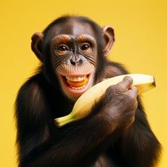 chimpanzee peeling banana yellow background image 