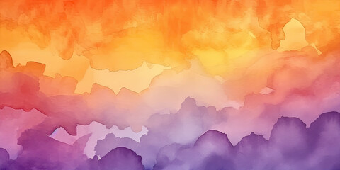 hand painted  orange purple sky watercolor background ,sunset  watercolor with clouds  